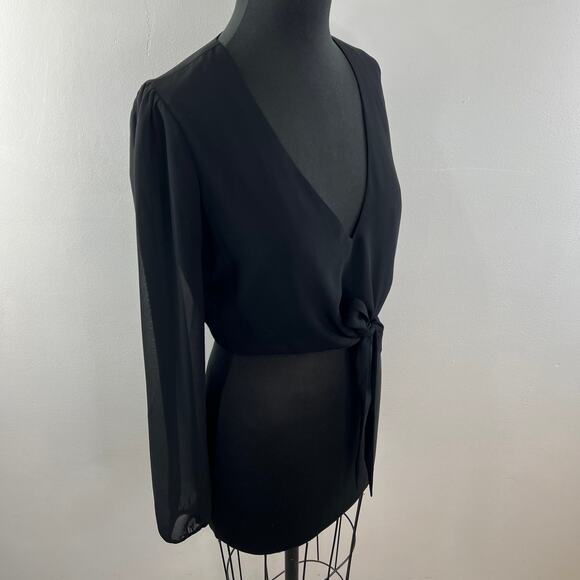 YUMI KIM It Takes Two Top Only Black Long Sheer Sleeves Cropped Tie Front Size M - Picture 3 of 8